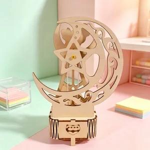 DIY Moon Panda Rotating Gear Music Box 3D Wooden Puzzle Kit