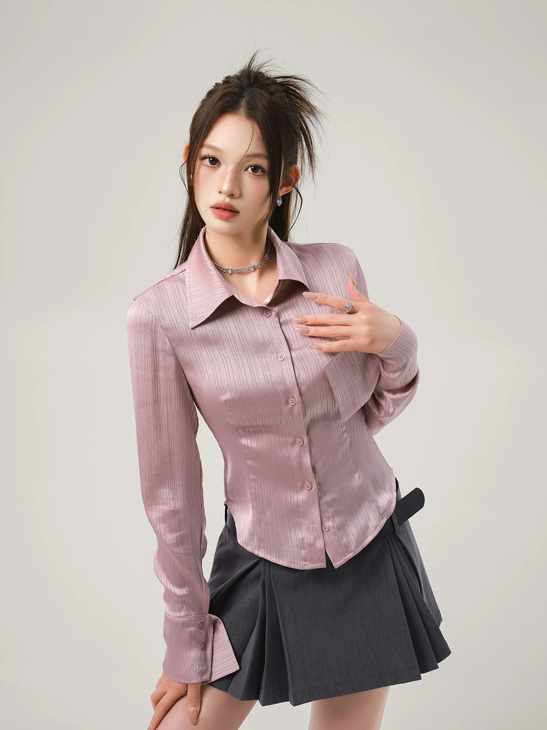 

EU IIWAN Pink Satin Waist-Cinching Slimming Spring irt Women's New 2025 Long Sve Spicy Top Commute Sle Regular Fit