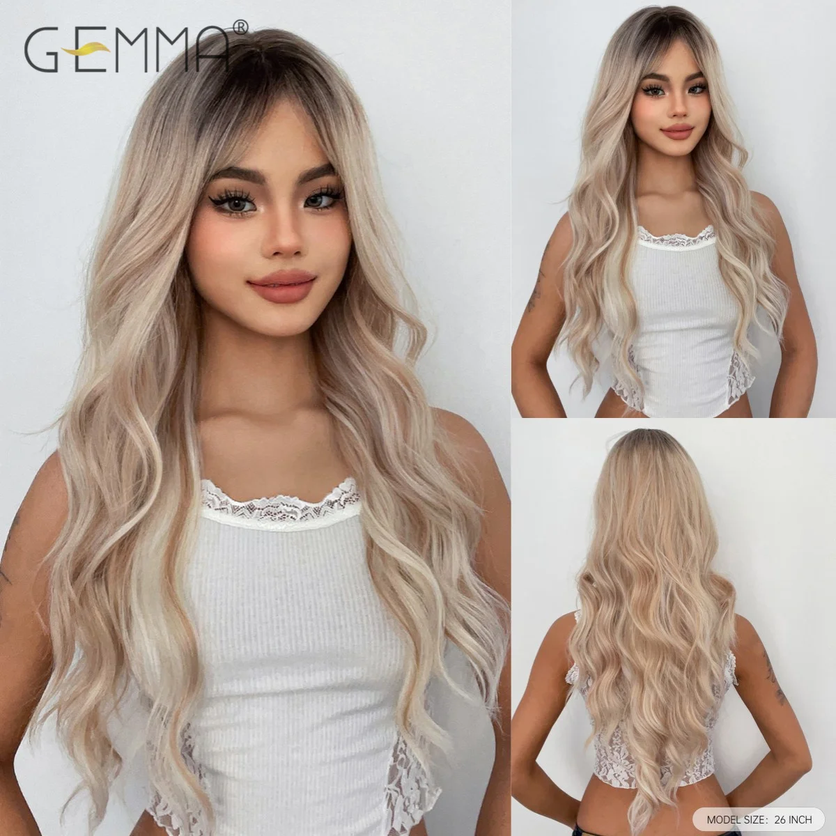 GEMMA Long Wavy Synthetic Golden Blonde Ombre Wig with Bangs Natural Hair Wigs for Women Heat Resistant Blonde Cosplay Daily Wig