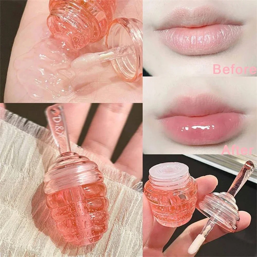 Honig Topf Lip Öl Lindert Trockene Feuchtigkeitsspend Lip Gloss Verblasst Lip Linien Spiegel Wasser Licht Großen Pinsel Kopf Pfirsich Schlafen lippen Pflege