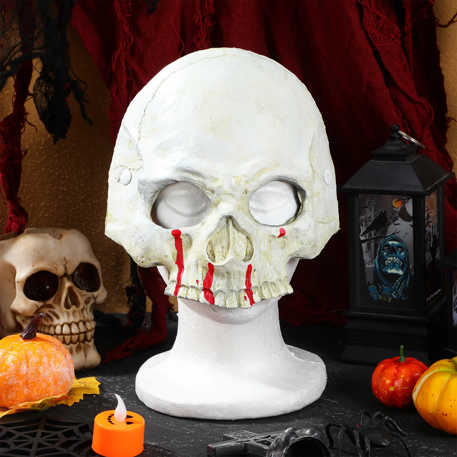 قناع نصف وجه على شكل جمجمة مع نمط دم، خفيف الوزن من مادة البولي يوريثان، قناع مخيف للهالوين، زينة لحفلات الهالوين #1