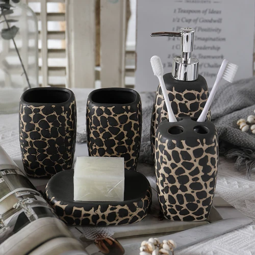 

high quality Ceramic Bathroom Set Leopard Bathroom Wash Supplies Toiletries Mouth Cup Toothbrush Holder Lotion Bottle Soap Dish