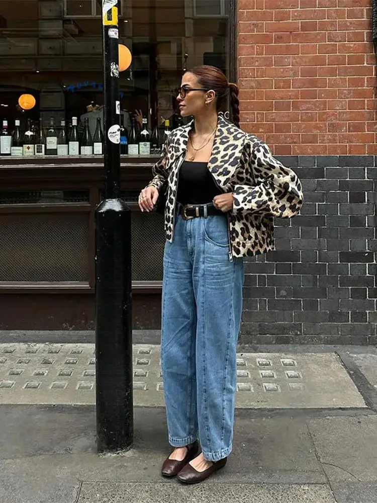 Chaqueta Bomber Vintage con estampado de leopardo para mujer, abrigo holgado de manga larga con solapa y bolsillos con cremallera, ropa de calle elegante para otoño, 2024