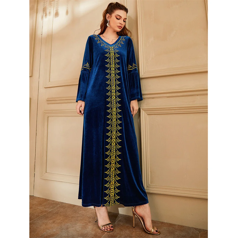 Plus Size Muslim Arabic Abaya Women\'s Long Dress Velvet Embroidery Party Evening Casual Robe Gown Dubai Turkish Gowns Fashion