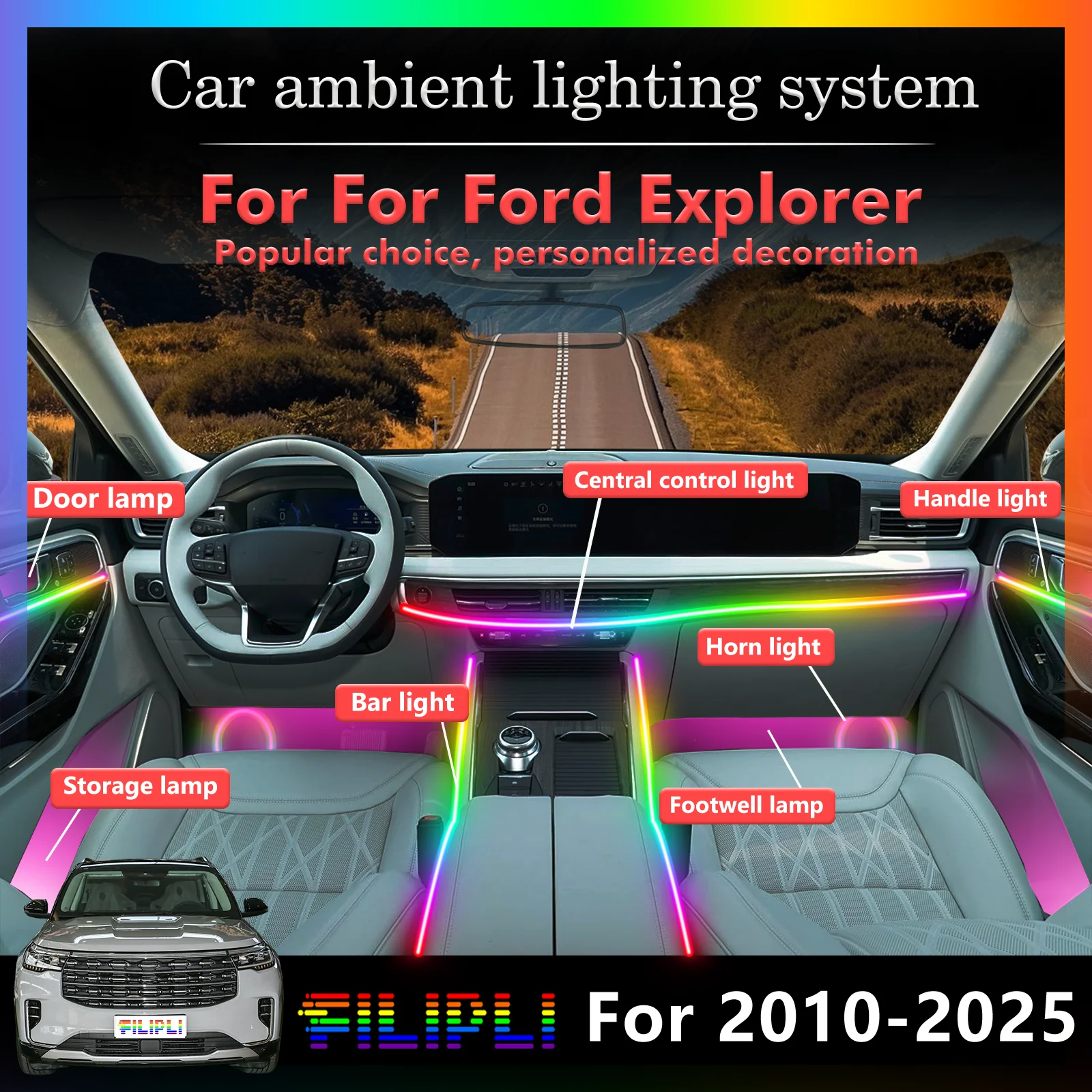 

6-в-1 светодиодные лампы для Ford Explorer U502 U625, цветная атмосферная подсветка, неоновые полосы для салона авто, 64 RGB-цвета, управление через приложение