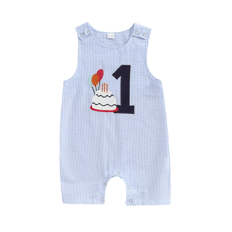 

Baby Boy Overalls Embroidery Cake Striped Jumpsuit Birthday Clothes for Casual Daily