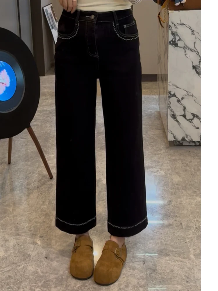 

Женские джинсы Xuanxuanchen с флисовой подкладкой, 9 элементов, из денима, весна-осень, повседневные, прямые, средней эластичности, с завышенной талией, китайский стиль