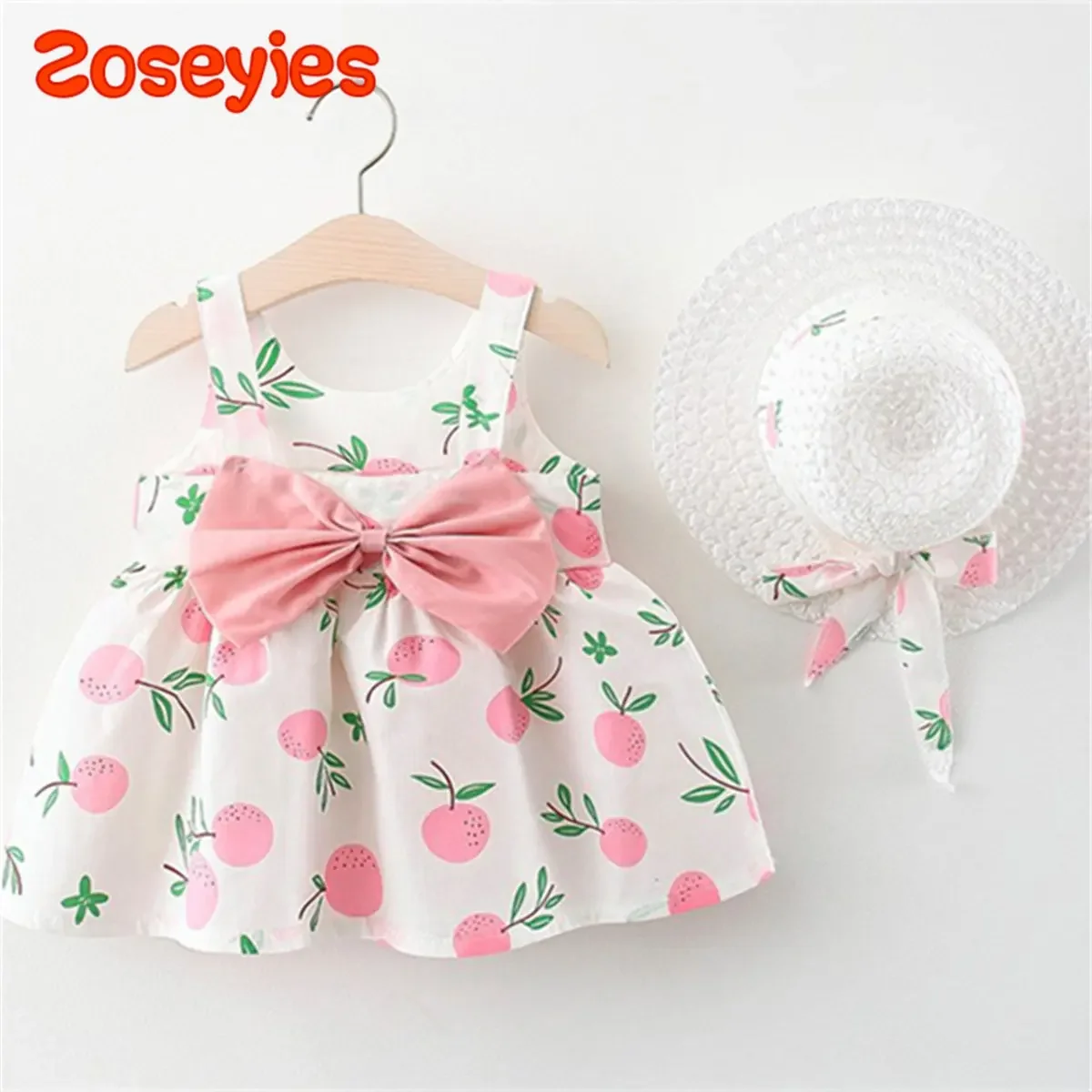 Summer Baby Girl's Dress Lemon Print Back Bow Strap Daily Casual Dress Hat