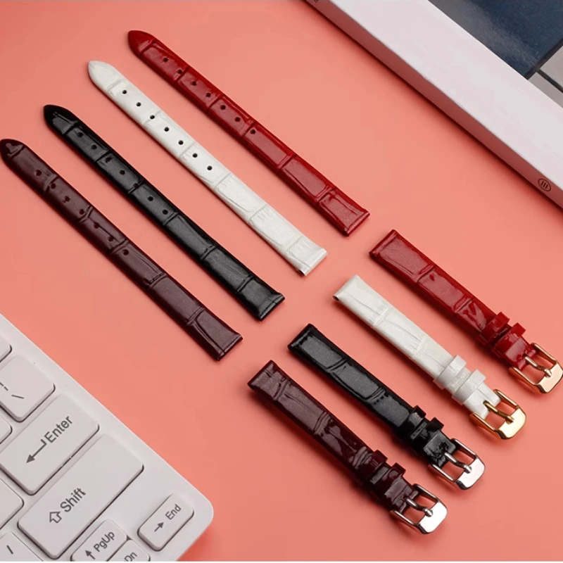 6mm 8mm 10mm 12mm 14mm 16mm jasny pasek do zegarka ze skóry bydlęcej Ultra-cienki damski mały rozmiar skórzany pasek fioletowo-czerwony biały pasek na rękę
