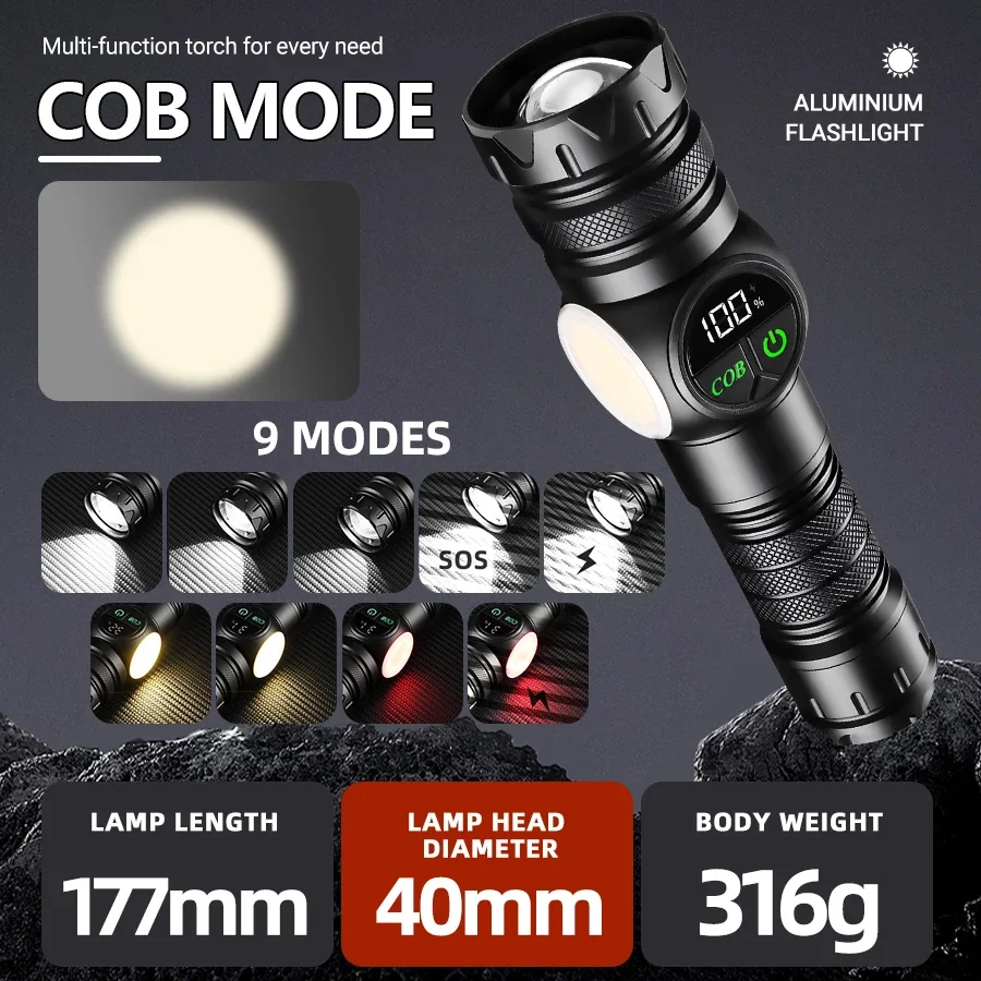 50W High Power LED COB Flashlight 8 Lighting Modes Rechargeable Torch Tail Magnet Telescope Zoom Lamp Outdoor Emergency Lantern