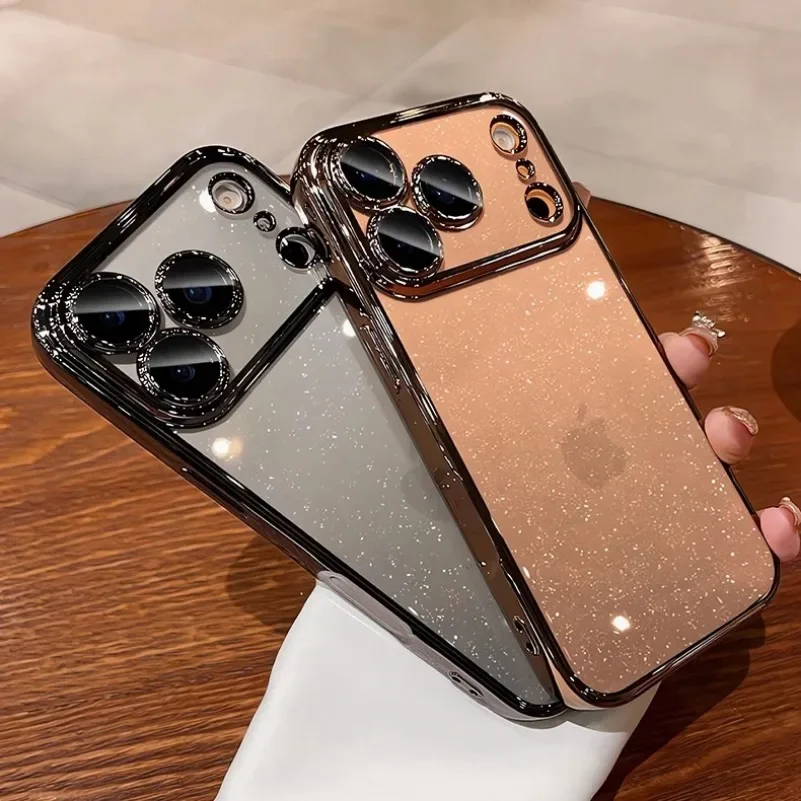 Stoßfester Kameraschutz, glitzernd, glitzernd, transparent, Handyhülle für iPhone 17, Air 13, 12, 11, 14, 15, 16, 17, Pro Max, weiche Silikonhülle