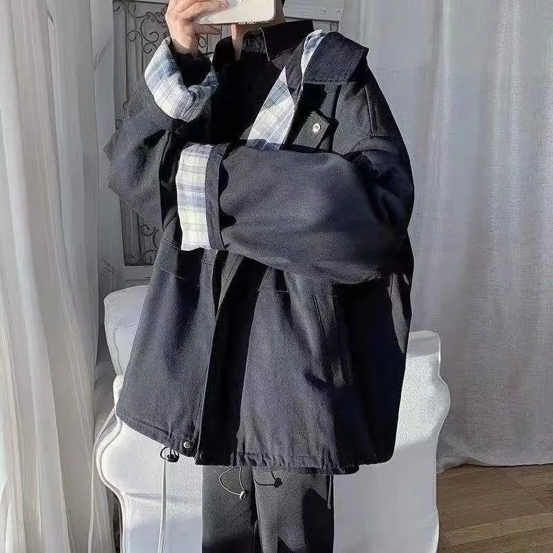 

Куртки женские мешковатые Ins винтажная верхняя одежда повседневные унисекс с длинным рукавом весенне-осенние пальто корейский стиль модные с капюшоном High Street