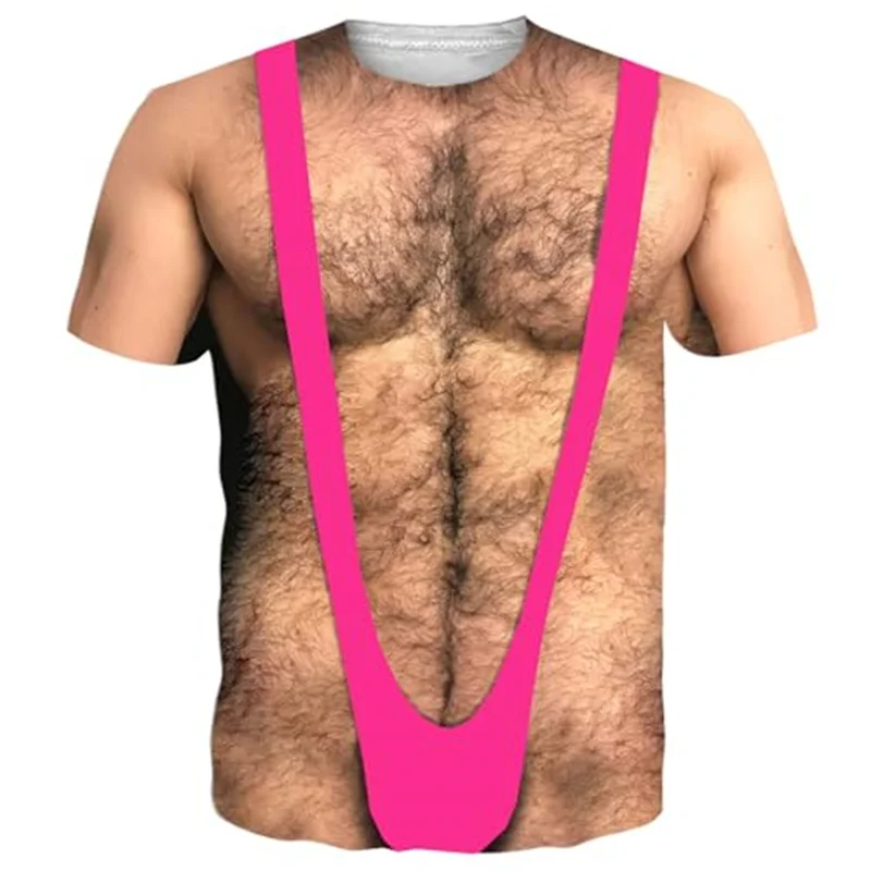 Engraçado 3D Falso Abs Camisas para Homens, Gráfico Peludo do Peito Muscular, Manga Curta, Traje Cosplay, Novidade Sexy, Camiseta Grande