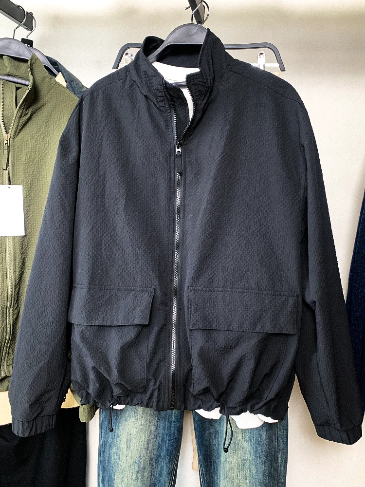 

Spring New Men's Loose Fit Bubble irt Jaet Stand Collar Long Sve Zipper Closure Casual Outerwear with kets