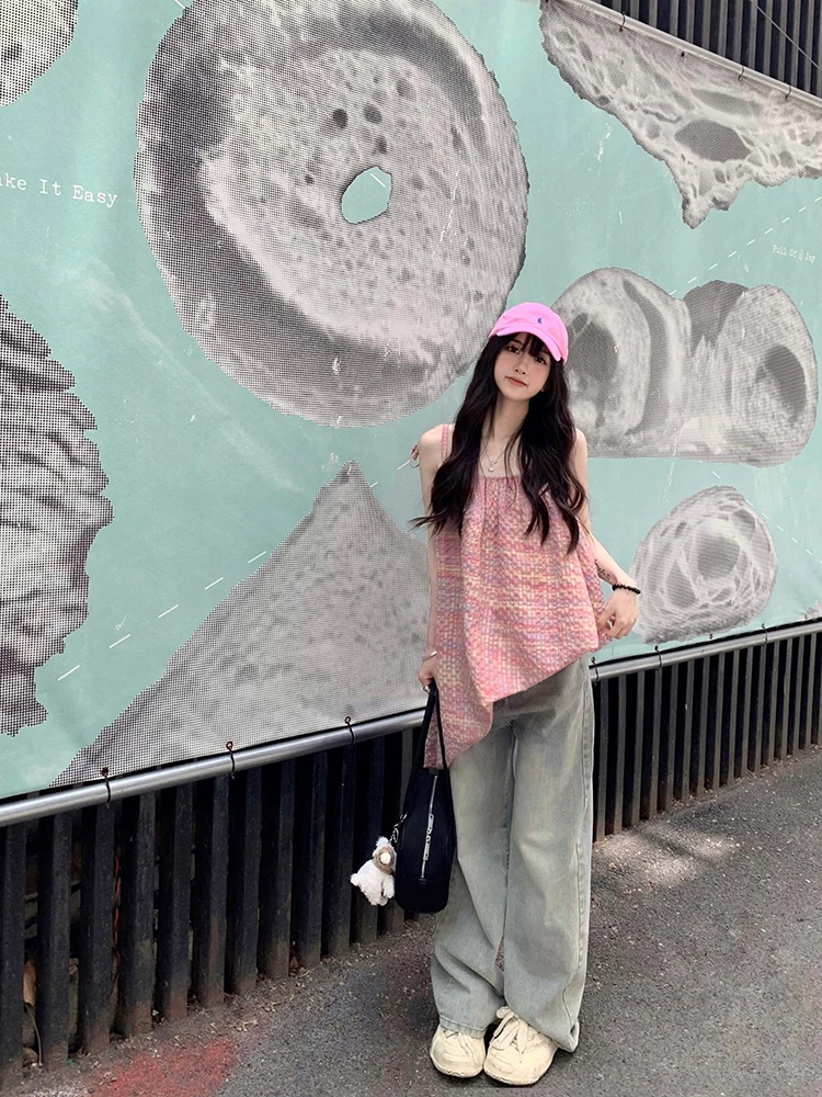 

Розовый топ Cuitcuit в клетку, женский топ в корейском стиле с асимметричным подолом, летняя коллекция свободного покроя