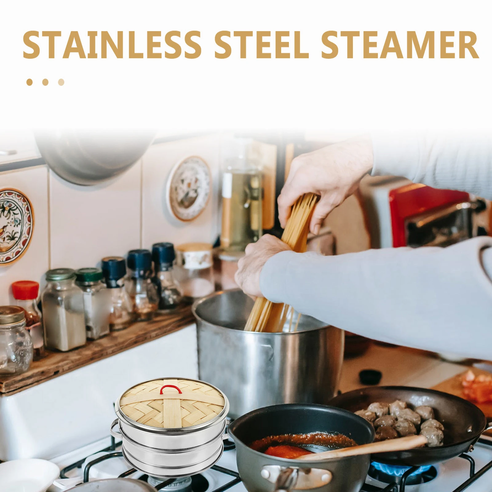 

1Set Double Ear Bamboo Steamer Stainless Steel Food Steamer for Dumpling Dim Sum Fish Kitchen Supplies Steam Basket for Bun