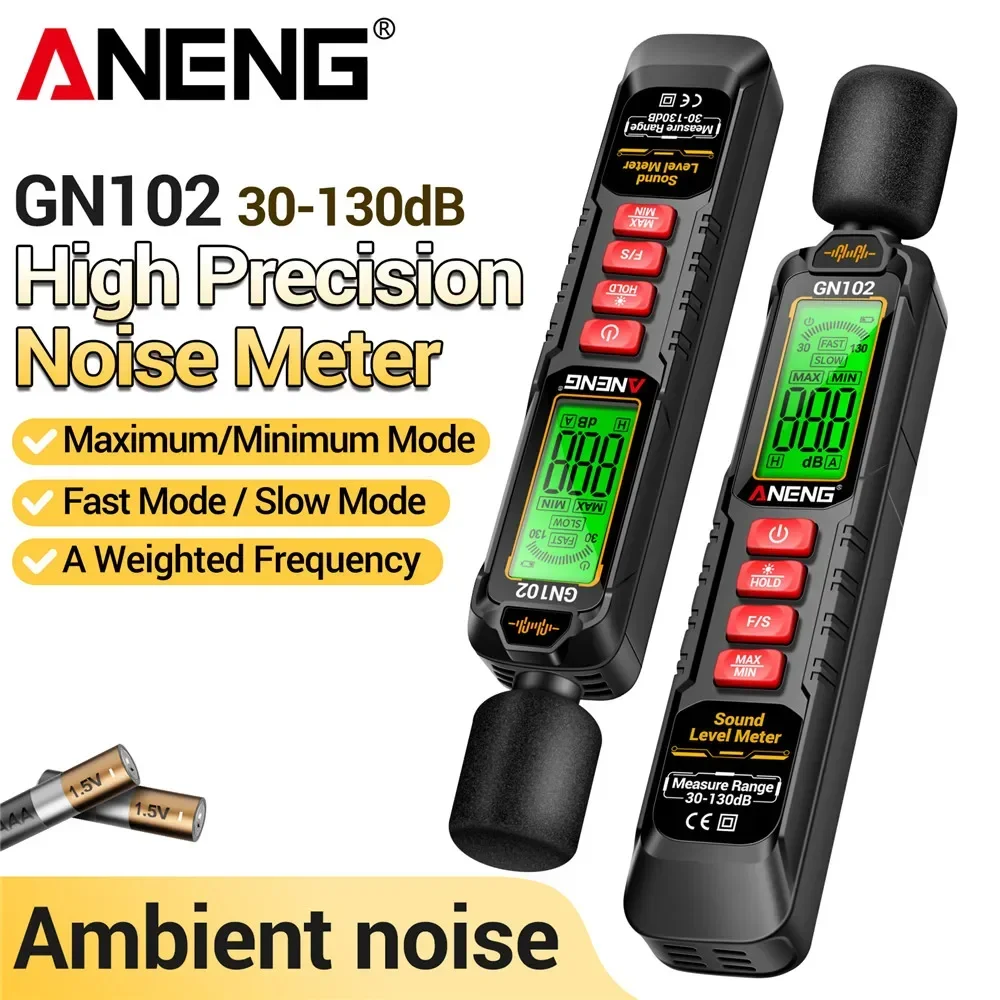 

ANENG GN102 High Precision Sensor Noise Meter 30-130dB Ambient Noise Windproof Sponge Cover HOLD Data Retention Measuring Tools