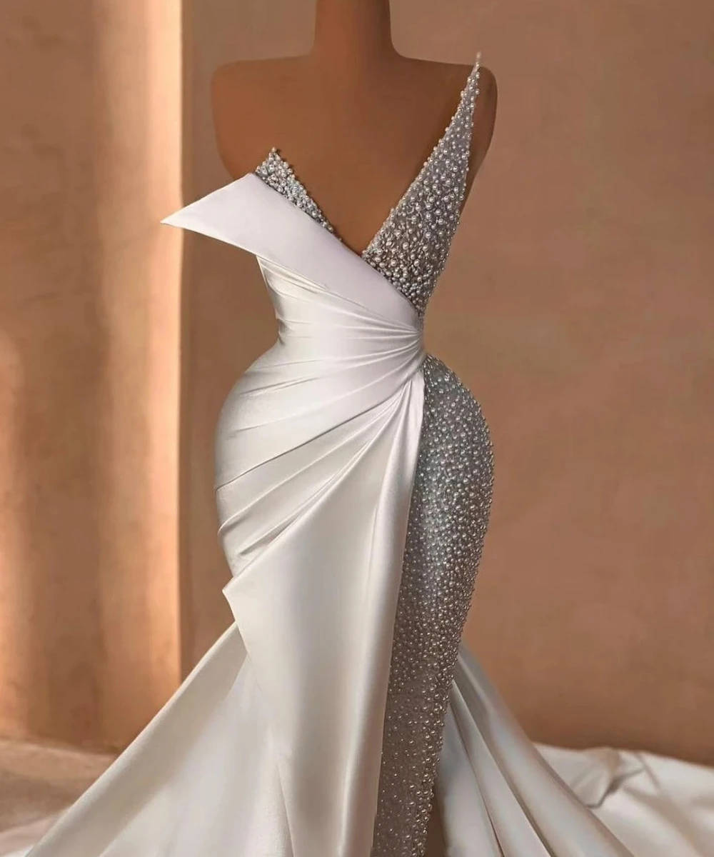 White Elegant Strapless Mermaid Wedding Dresses Pearl Sequins Bridal Gowns Custom Made Sleeveless Dresses Vestido de novia