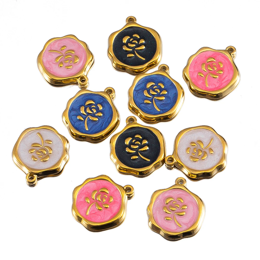 

2pcs French Style Stainless Steel Circular Rose Dripping Oil Pendant 18K Gold Vacuum Plating For DIY Earring Pendant Accessories