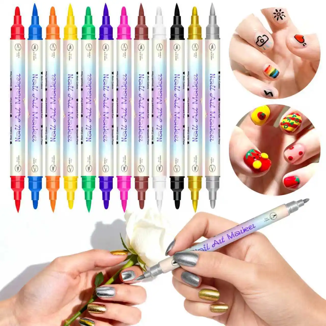 12 colori Magiart Set di penne per nail art impermeabili Pennarello per nail art Disegno Penna per pittura, Punta di precisione da 0,5 mm, Asciugatura rapida