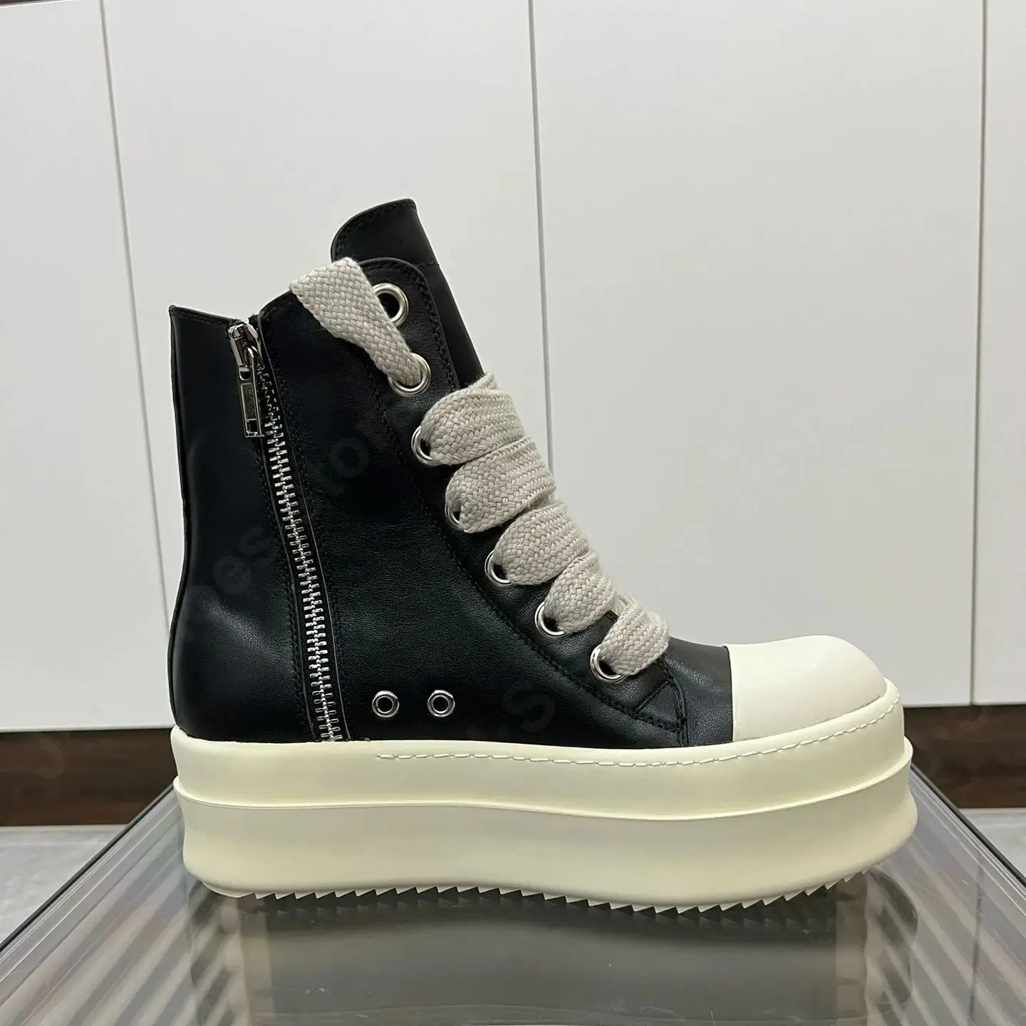 

Ricks Luxury Men Shoe Women Sneaker Ankle Boot Owens High Top Casual Shoes Black Leather Zipper Jumbo Laces 6cm Thick Sole Boots