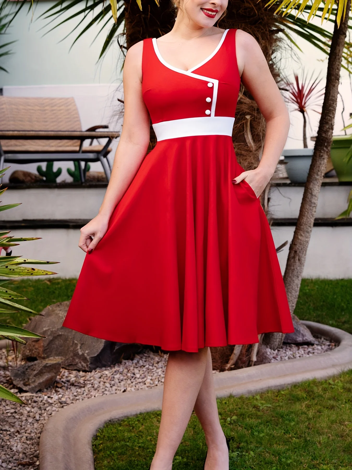 Womens Summer Vintage 1950s Vintage Colorblock Button Sexy V-Neck Rockabilly Fit And Flare Skater Swing A-Line Dress