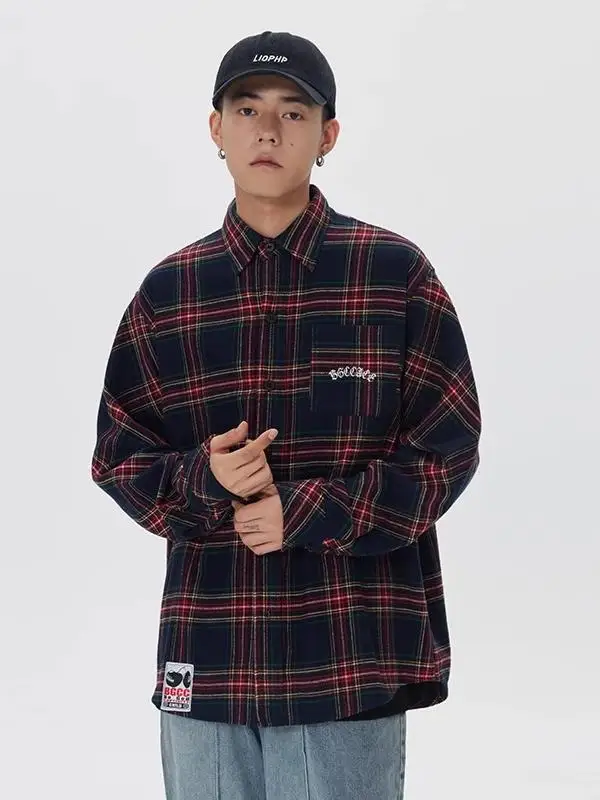 

American Retro Plaid Long Sve irt Men's Loose Casual Outerwear Autumn Trendy Brand Couple's irt Coat Youth ular
