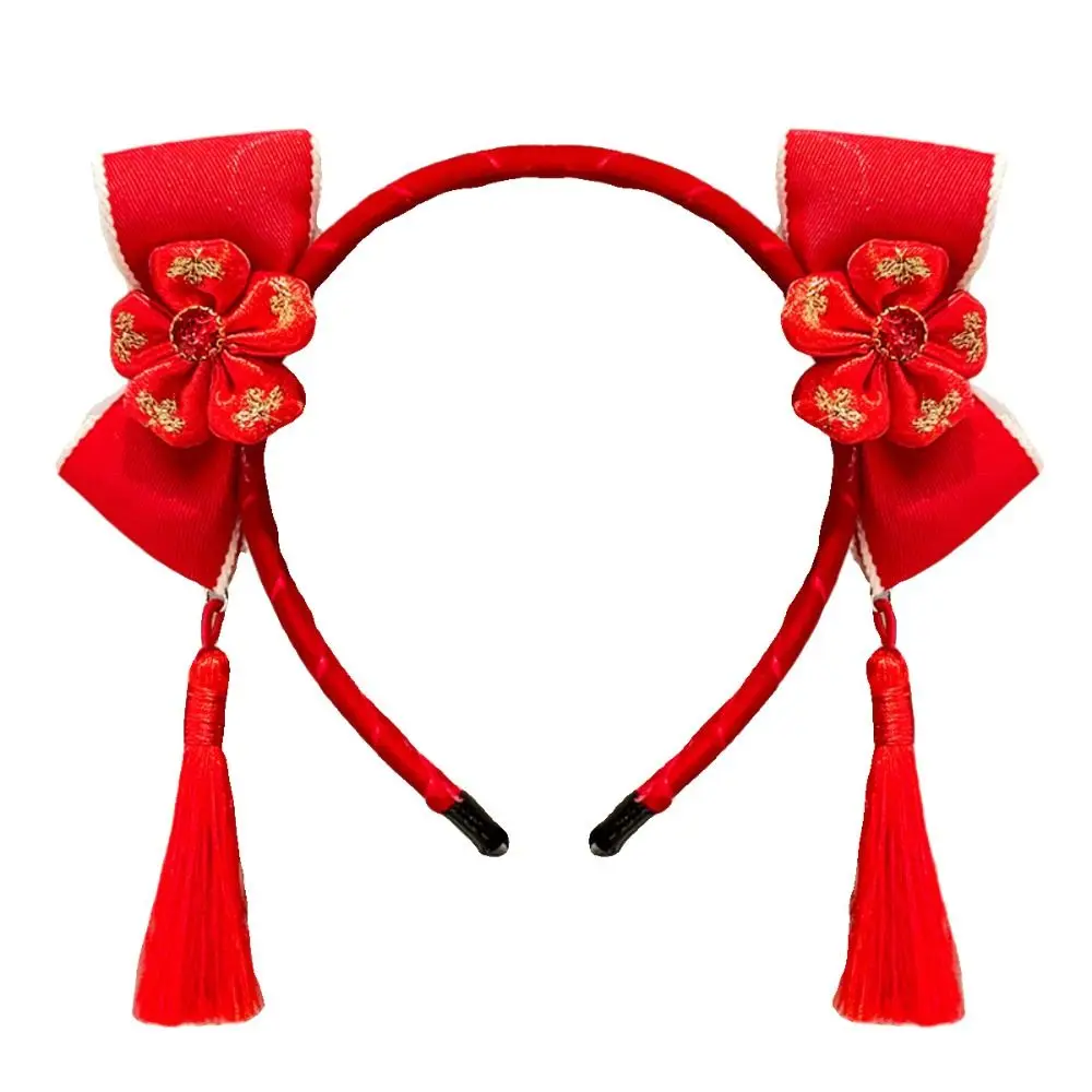 Lovely Red Hairband New Year Hair Band Tassel Hairball Red Bow Headband Flower Child Headwear Chinese Style Headdress Girl