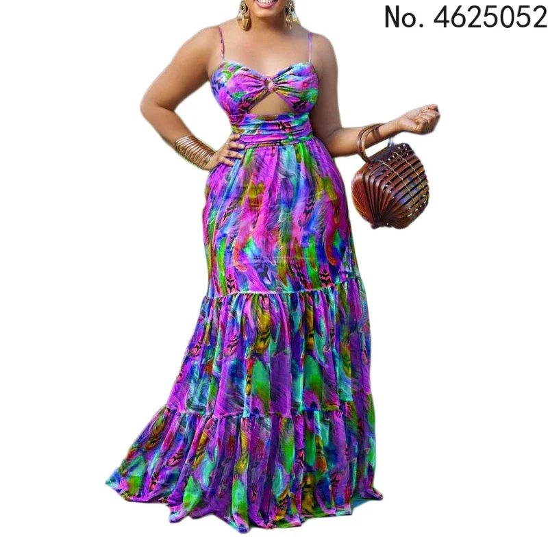 Elegant Sling Plus Size Dress Sexy Printing Fashion Backless Boho Beach Mixi Dress Robe Femme Ete Leisure Vacation Vestidos