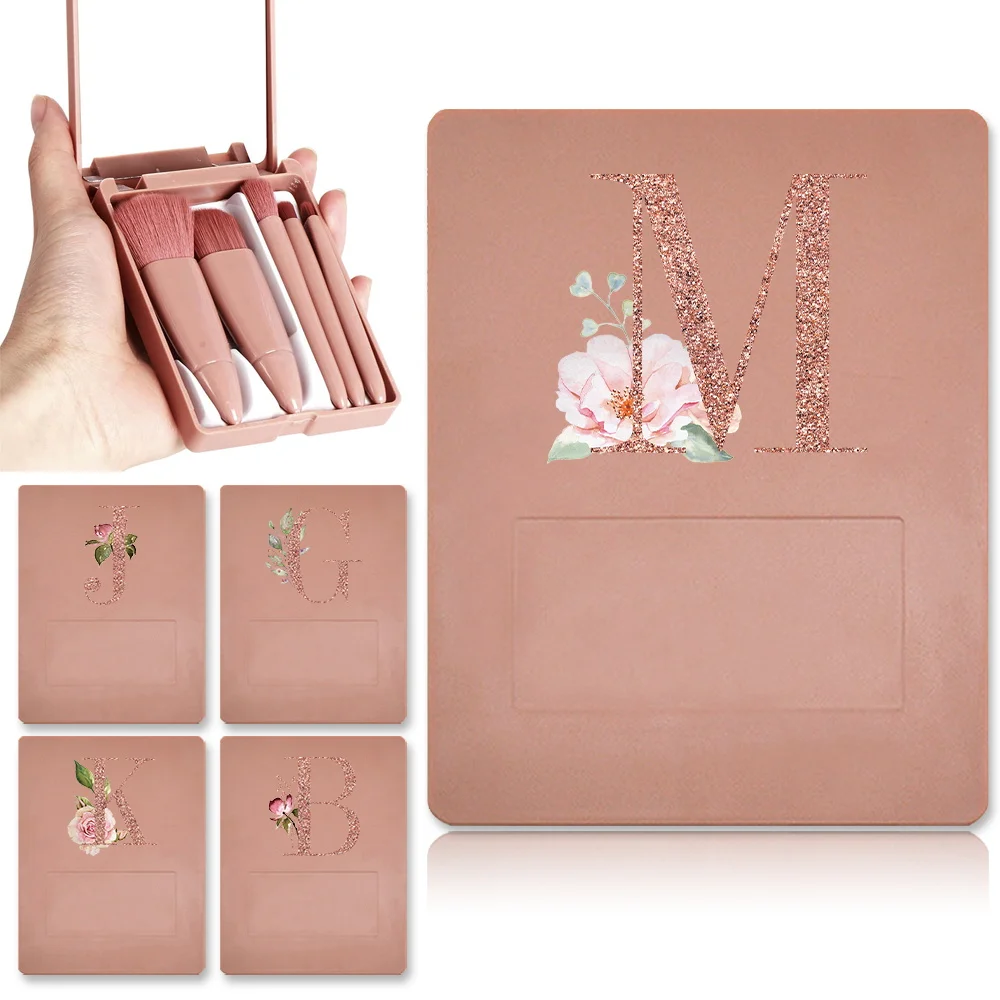 

5 Pcs Cosmetic Brush Kit With Bright Mirror Storage Case Foundation Loose Powder Lip Brushes Brushes Rose Gold Letter Pattern