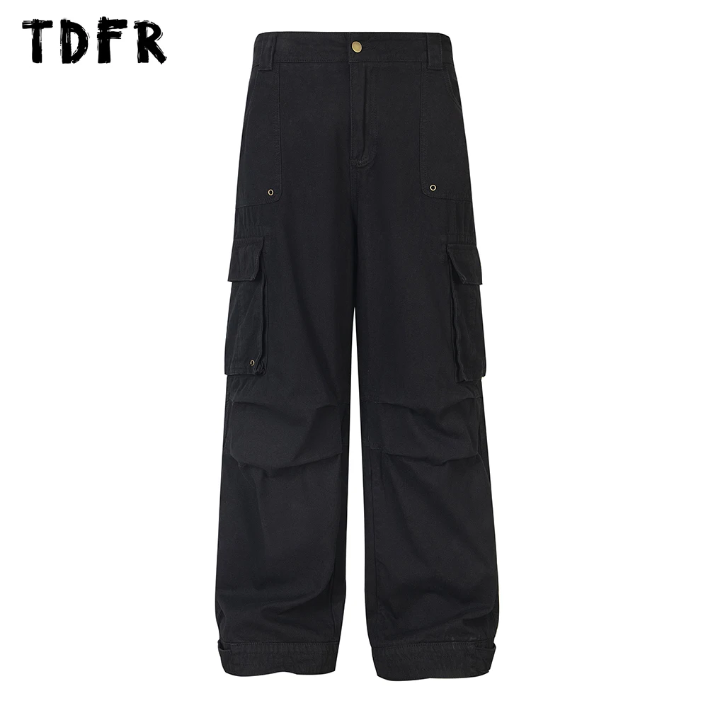 

Multi-Pocket Cargo Pants Mens Pleated Solid Color Button Decoration Streetwear Elastic Waist Loose Wide leg Trousers