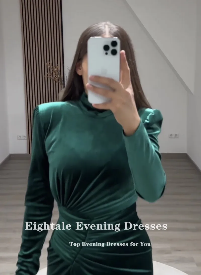 Eightale Emerald Green Evening Dress Arabic Customized Prom Gown Long Sleeves Muslim Velvet Mermaid Wedding Party Dress