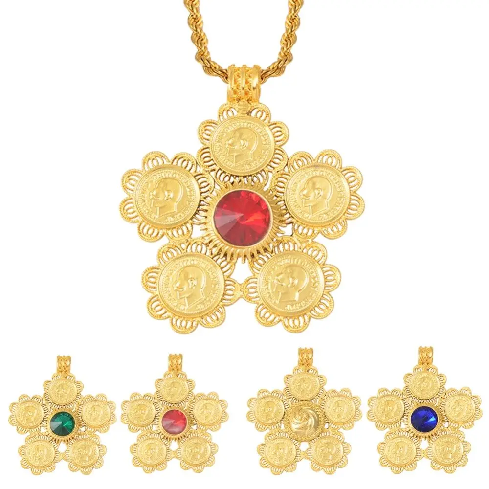 Anniyo Ethiopia Coins Jewelry Arab Pendant Necklaces Women Ethiopian Wedding Eritrea African Gold Color Coin Jewellery @014116