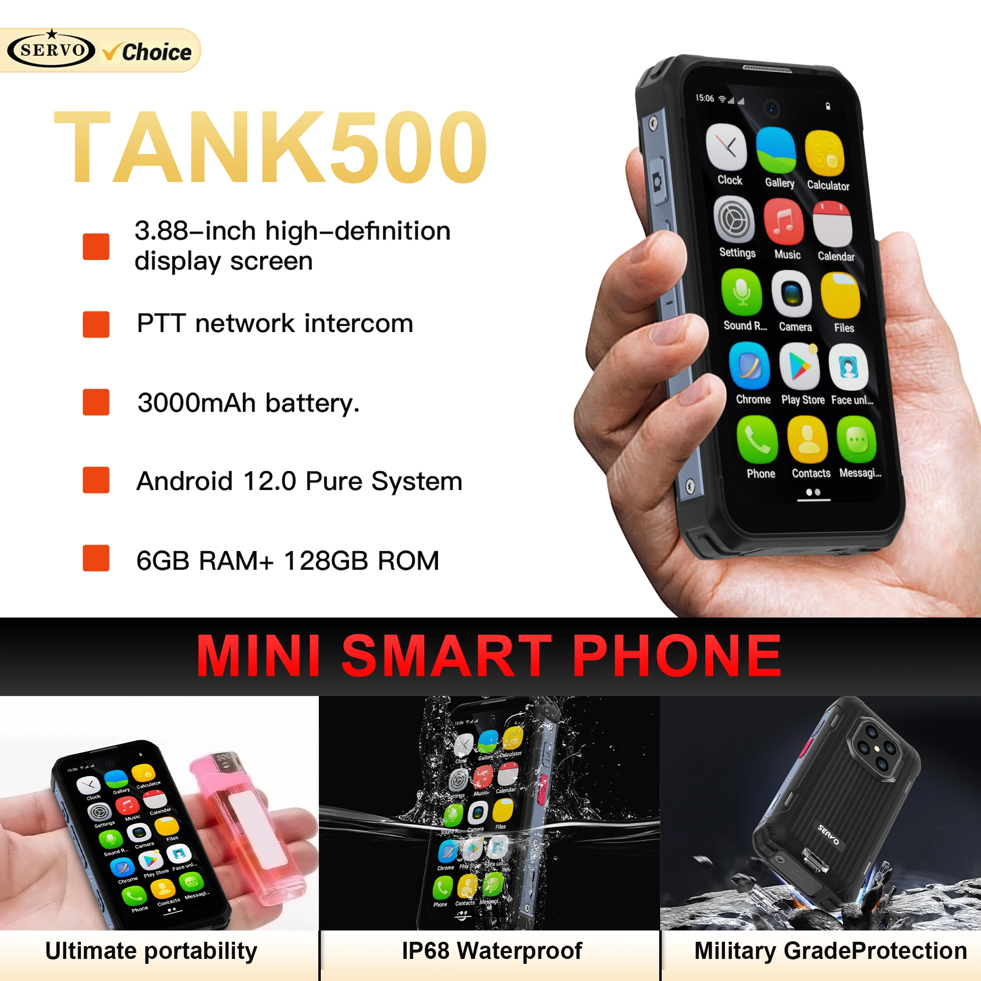SERVO TANK500 Small Rugged Smartphone 4G LTE Android 12 System 6GB+128GB Play Store WiFi GPS IP68 Waterproof Mini Smart Phones