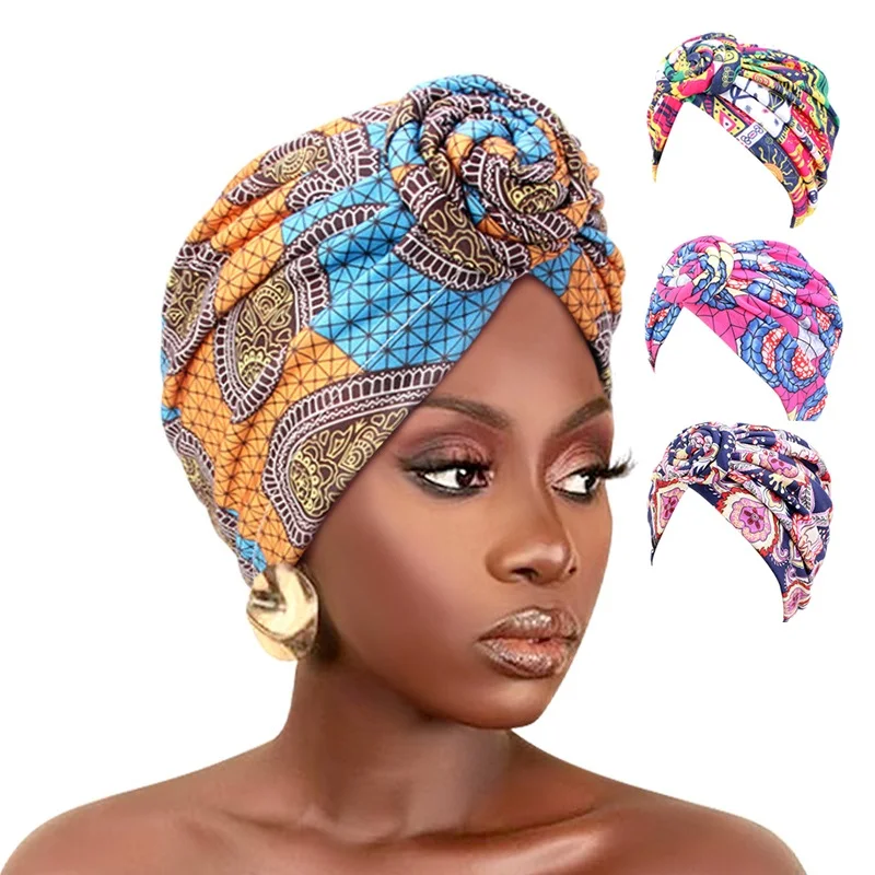 New African Print Pleated Turban Floral Beanie Pre Tied Front Knot Elastic Head Wrap Elegant Women Chemo Cap Bandana Headwear