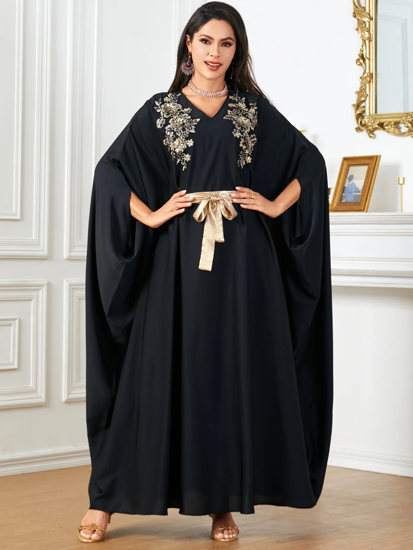 

Мусульманское женское платье Абая с вышивкой, длинные платья с рукавами «летучая мышь» и v-образным вырезом, Турция, Дубай, кафтан Джалабия, вечерние платья Musulmane Femme Vestidos