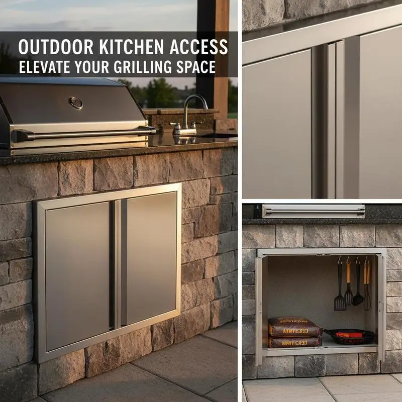 Outdoor Kitchen Access Gate 28W x 19H Inch For BBQ Island Grilling Station Outside Cabinet Flush Mount Double Panel Vertical Opening Recessed Handles Metal Construction Silver Finish Professional Grade Hardware
