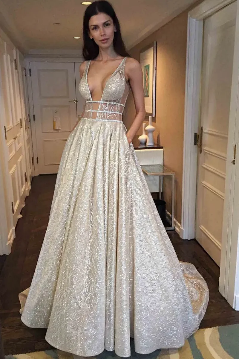 

Champagne Glitter Evening Prom Dress A-Line Sleeveless Deep V-Neck See-through Tops Backless Women Party Celebrity Gown