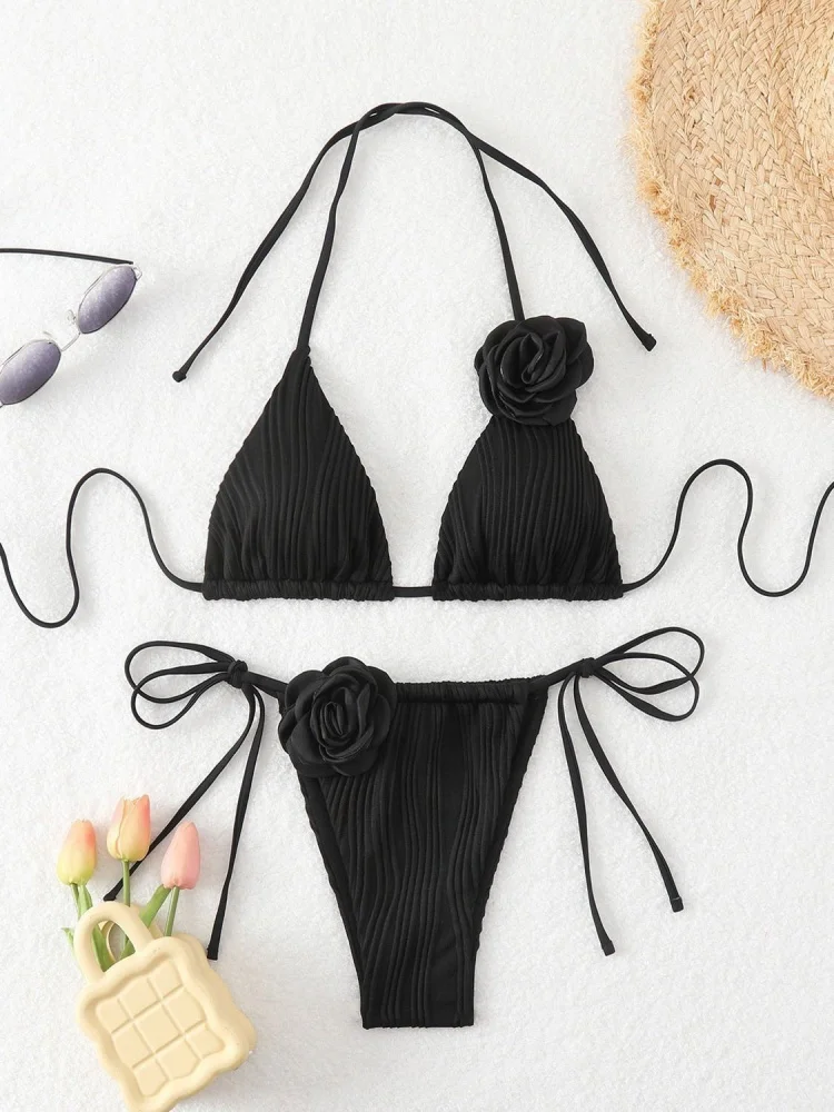 ビキニ レディース 水着 2026 新作 ブラック リブ編み ホルターネック ビキニセット セクシー レースアップ 水着 夏 ツーピース ビーチ 水着 女性用