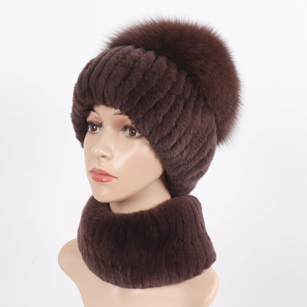 

Hot Sale Women Winter Real Rex Rabbit Fur Hat Scarf 2 Pieces Knitted Rex Rabbit Fur Hats Top Natural Fox Fur Caps Scarves Sets