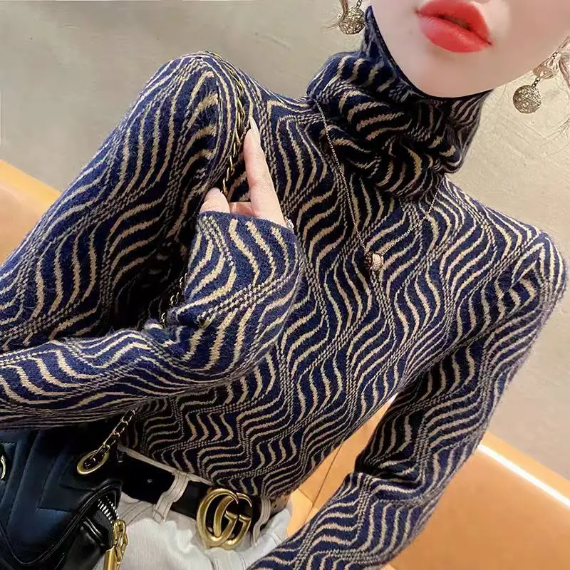 

2024 Autumn Winter Women Korean Fashion Turtleneck Slim Basic Knitted Sweater Elegant Jacquard Long Sleeve Pullover Tops Jumpers