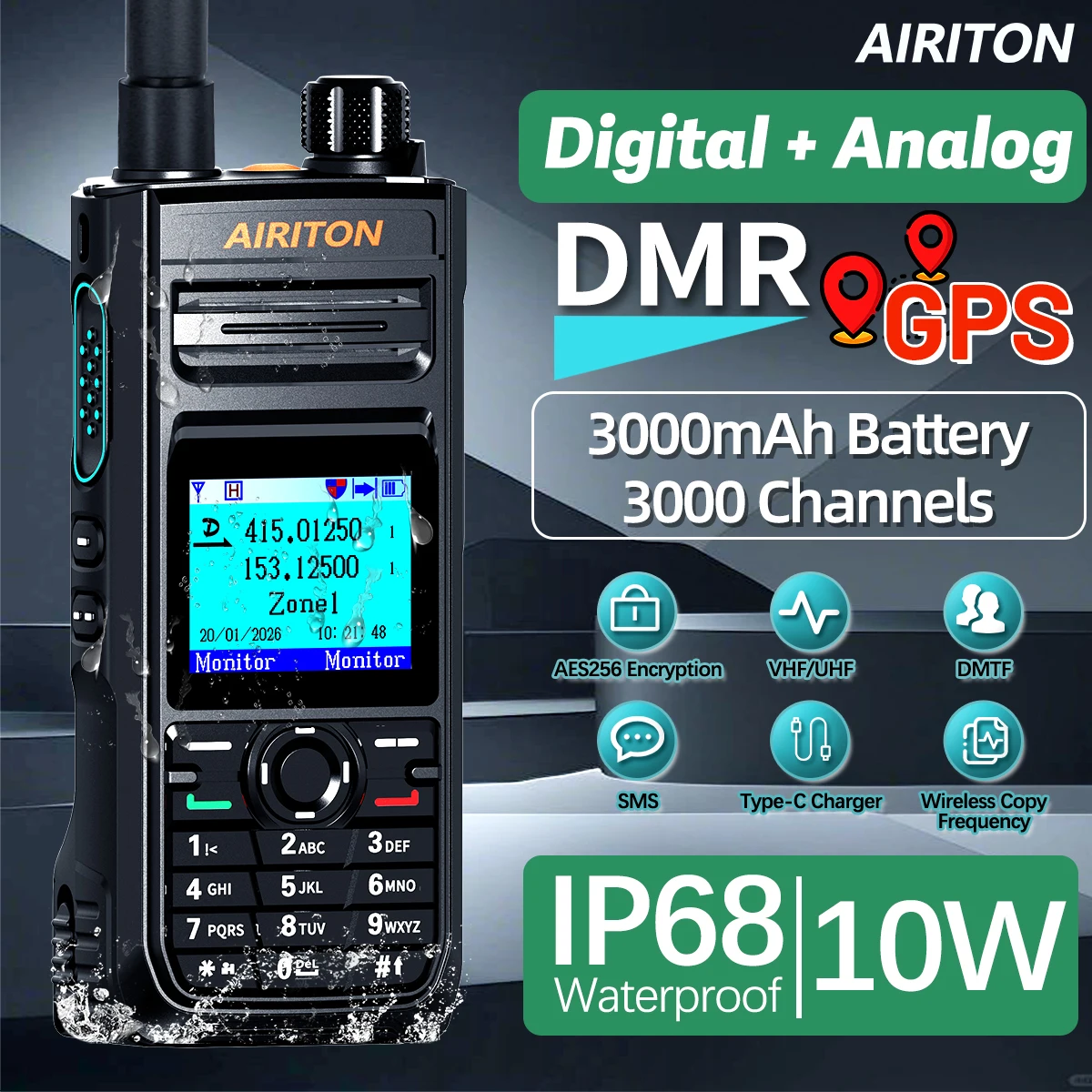 

AIRITON DM-188 DMR Цифровая/аналоговая рация 10 Вт AES256 IP68 Водонепроницаемая с SMS, 3000 мАч, UHF/VHF, двухсторонняя связь