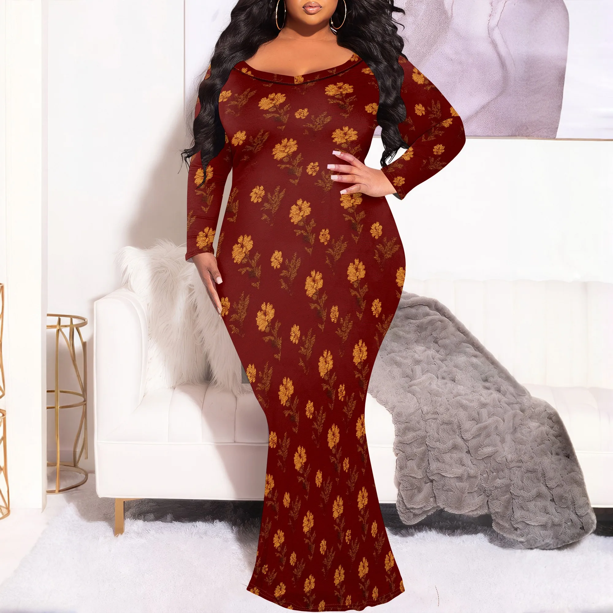 

Nupusa Wine Red Gold Floral Print Dress for Women Plus Size Summer Casual Off Shoulder Long Sleeve Mermaid Maxi Dress
