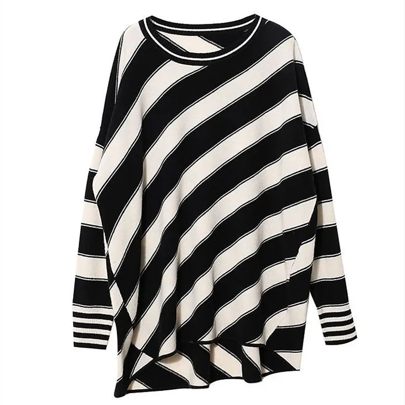 Female Clothing Striped Spliced Stylish Asymmetrical Midi Sweaters Autumn Winter Korean Round Neck Casual Loose Knitted Jumpers