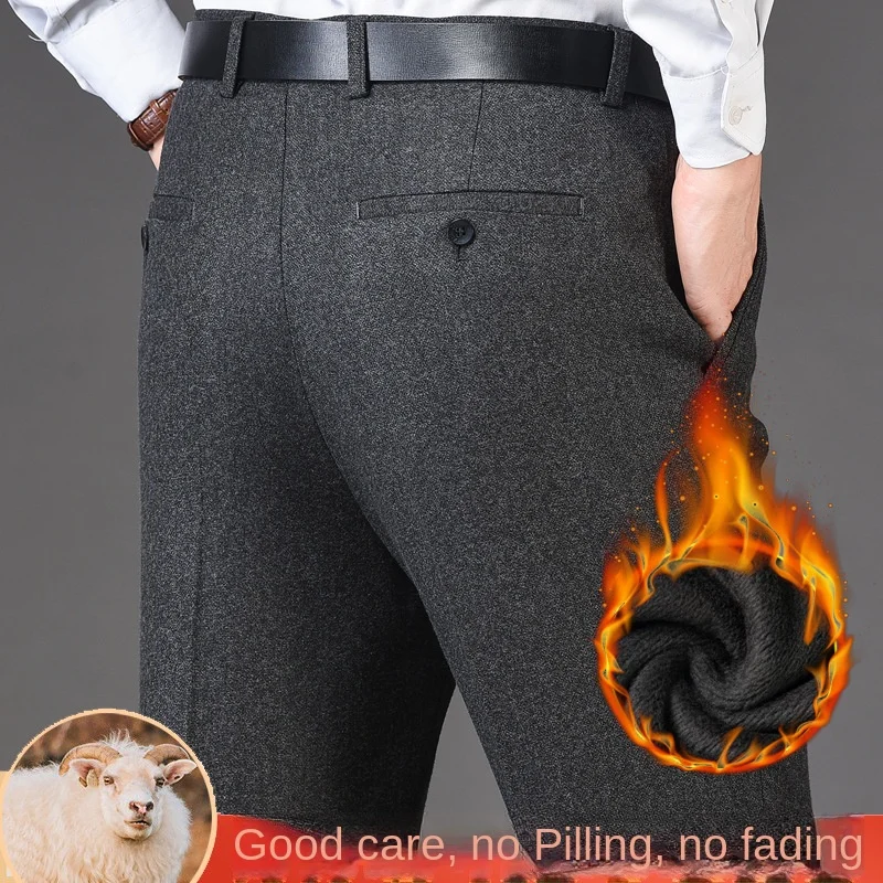 High Waist Fleece Winter Suit Pants For Men Wool Thickened Flat Black Business Formal Dress Trousers For Male No Ironing 42 44