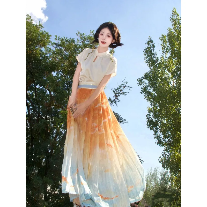 

2025 summer new gradual change printing hundred skirts, women's light and breathable national style gauze skirt daily hanfuskirt