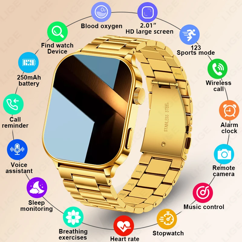 LIGE 2,01" HD-Bildschirm Smartwatch für Herren Sport Herzfrequenz Blutsauerstoff Gesundheitsmonitor 2026 Neu Bluetooth-Anruf Smartwatch für Damen