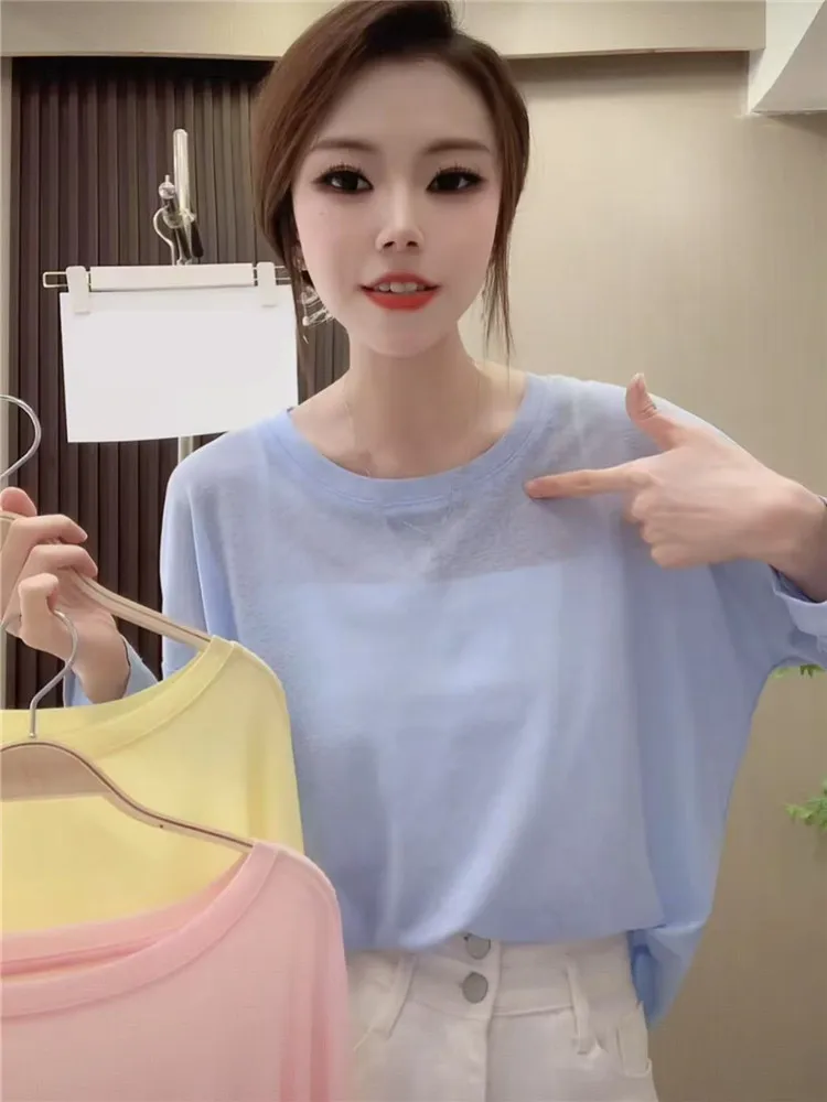 Laid-back الحلوى الملونة المرأة تي شيرت تنفس ظلة التستر خفيفة الوزن متجدد الهواء قميص الصيف نمط جديد ربيع الخريف طويلة