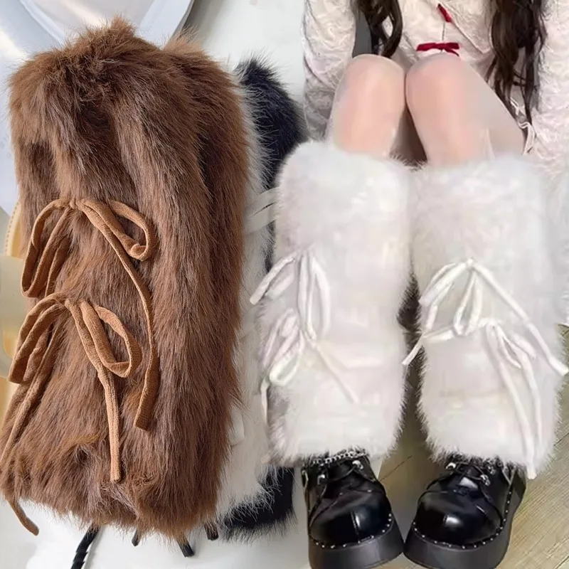 

Пушистые гетры JK для девочек с манжетами для ботинок, женские зимние теплые гетры в стиле Харадзюку с милой лентой и бантом, пушистые плюшевые белые длинные носки