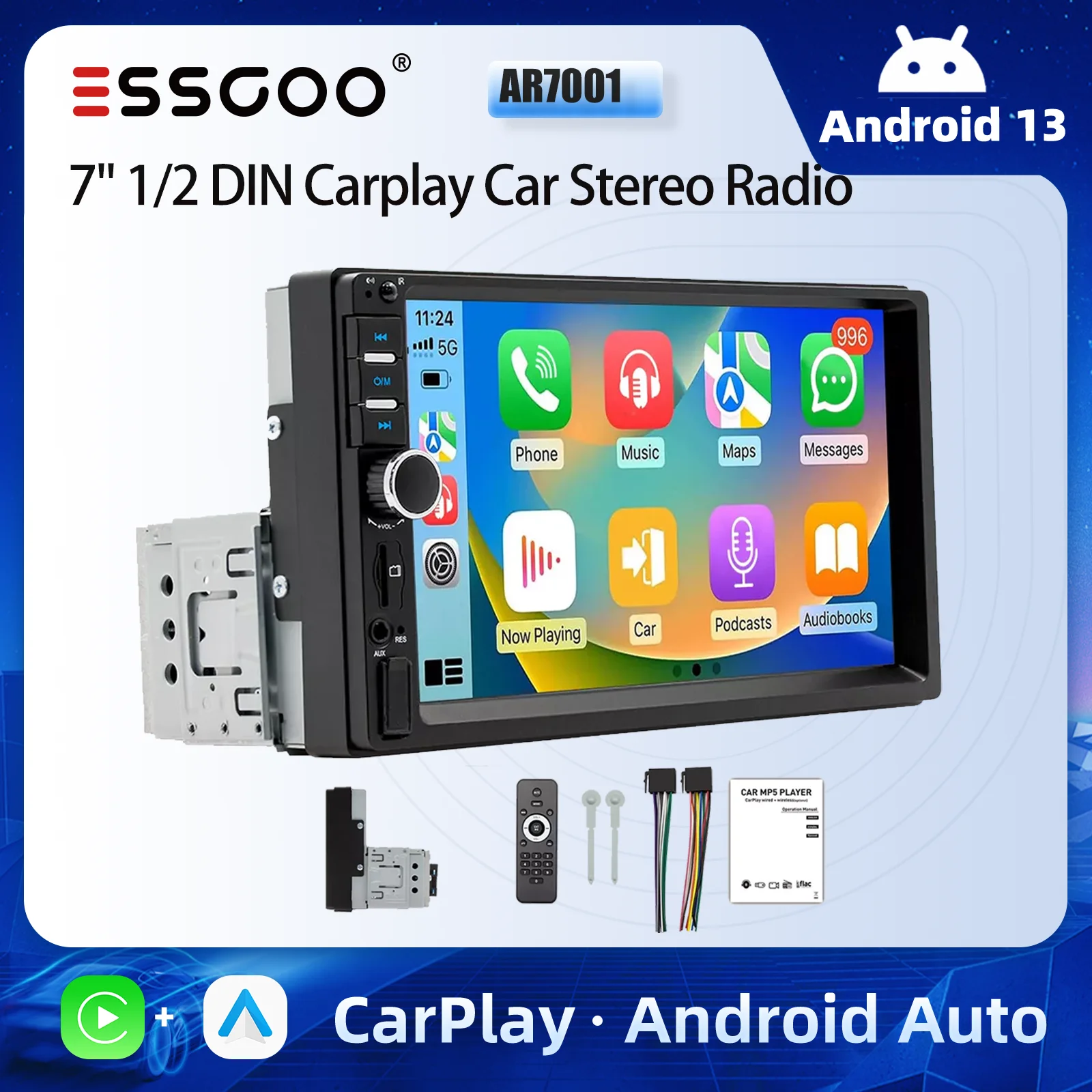 ESSGOO 1/2 DIN 7inch HD Touch Screen Universal Car Stereo Radio Head Unit  Wired Apple Carplay Android Auto Bluetooth TF USB AUX